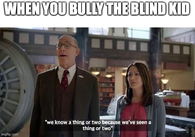 little dark pun! | WHEN YOU BULLY THE BLIND KID | image tagged in we know a thing or two because we've seen a thing or two,funny,dark humor,memes | made w/ Imgflip meme maker