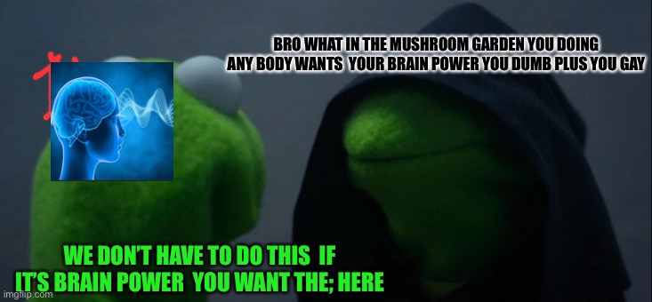 The | BRO WHAT IN THE MUSHROOM GARDEN YOU DOING ANY BODY WANTS  YOUR BRAIN POWER YOU DUMB PLUS YOU GAY; WE DON’T HAVE TO DO THIS  IF IT’S BRAIN POWER  YOU WANT THE; HERE | image tagged in memes,evil kermit | made w/ Imgflip meme maker