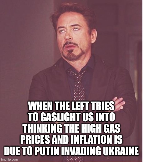 They think we're stupid. Take a strong guess when gas prices and inflation started. Hint: Mid 2021.... | WHEN THE LEFT TRIES TO GASLIGHT US INTO THINKING THE HIGH GAS PRICES AND INFLATION IS DUE TO PUTIN INVADING UKRAINE | image tagged in memes,face you make robert downey jr | made w/ Imgflip meme maker
