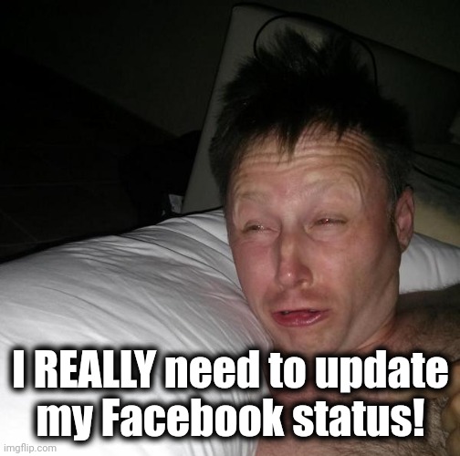 Limmy waking up | I REALLY need to update
my Facebook status! | image tagged in limmy waking up | made w/ Imgflip meme maker
