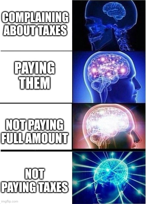 Expanding Brain Meme | COMPLAINING ABOUT TAXES; PAYING THEM; NOT PAYING FULL AMOUNT; NOT PAYING TAXES | image tagged in memes,expanding brain | made w/ Imgflip meme maker