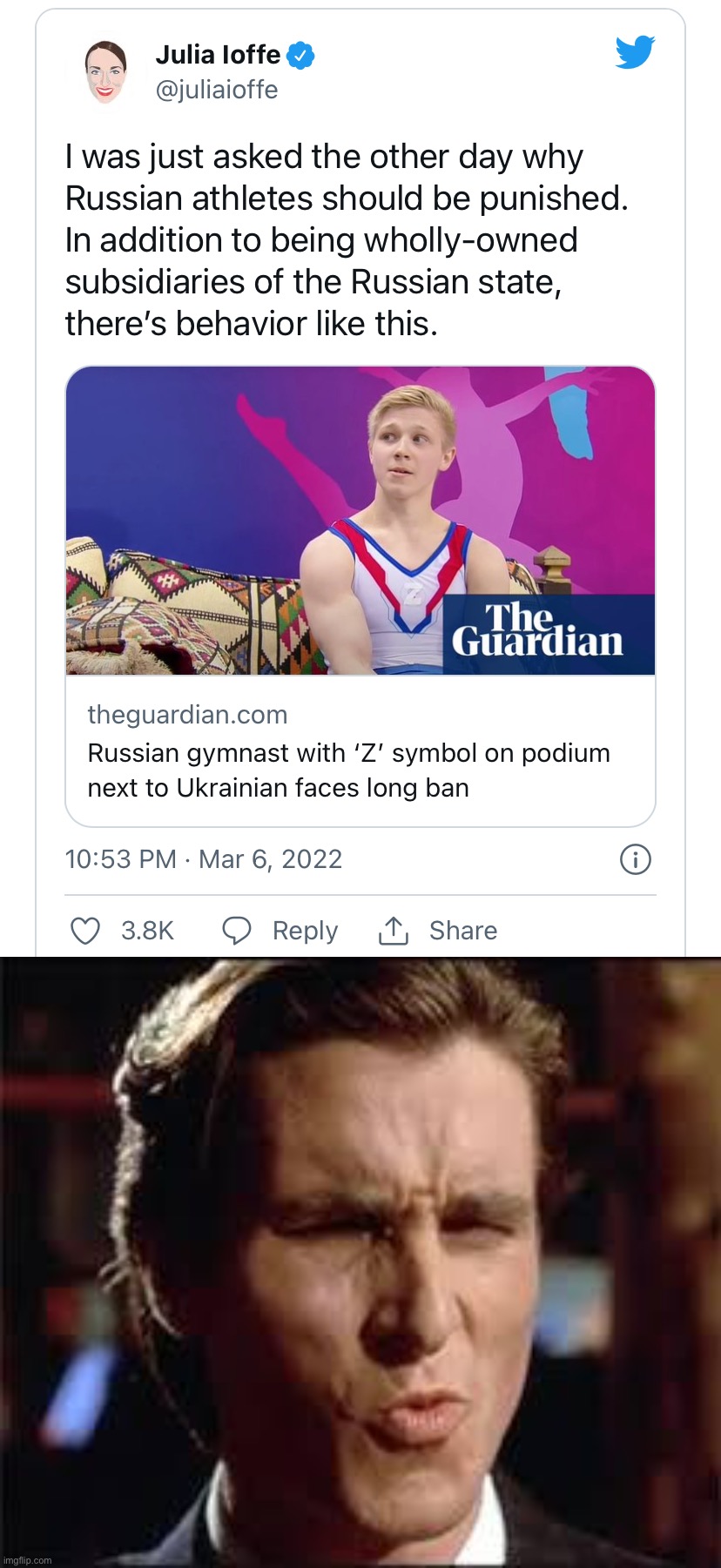 Oof | image tagged in punishing russian athletes,christian bale - dat ass,russian,athletes,ukraine,ukrainian lives matter | made w/ Imgflip meme maker