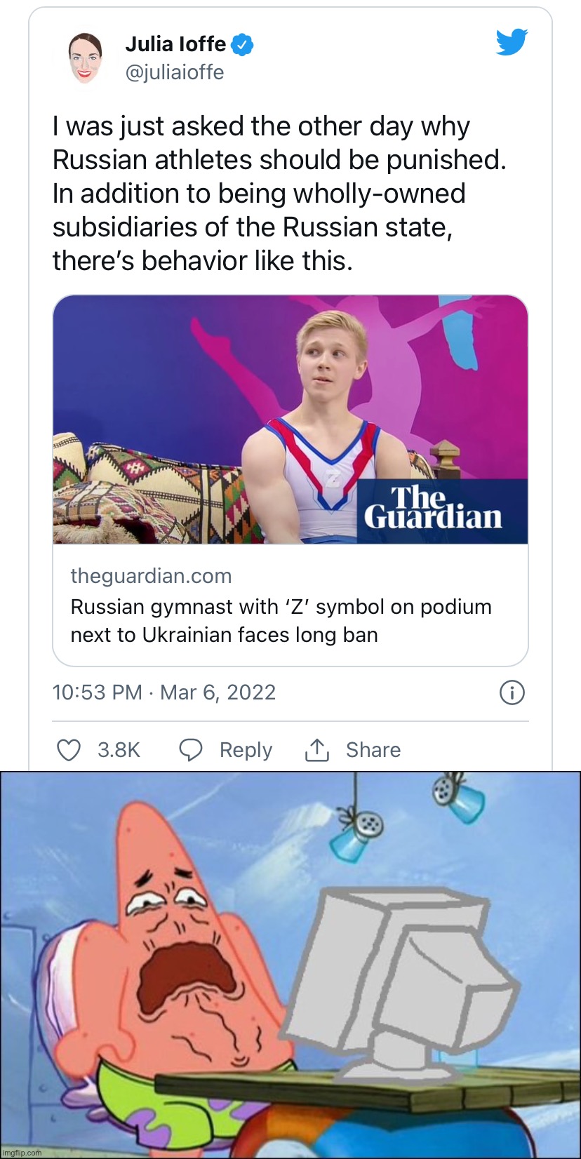 Bruh | image tagged in punishing russian athletes,patrick star cringing | made w/ Imgflip meme maker