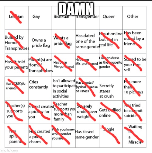 LGBTQIA+ Bingo!! | DAMN | image tagged in lgbtqia bingo | made w/ Imgflip meme maker