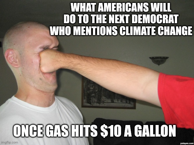 Gas was at $2 a gallon when Trump left the White House, now in a year its almost $7 a gallon under Idiot Biden. Enjoy! | WHAT AMERICANS WILL DO TO THE NEXT DEMOCRAT WHO MENTIONS CLIMATE CHANGE; ONCE GAS HITS $10 A GALLON | image tagged in face punch,climate change,stupid liberals,inflation | made w/ Imgflip meme maker