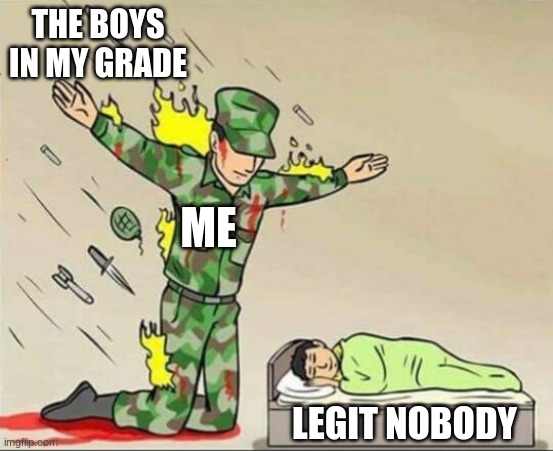 I hate school | THE BOYS IN MY GRADE; ME; LEGIT NOBODY | image tagged in soldier protecting sleeping child | made w/ Imgflip meme maker