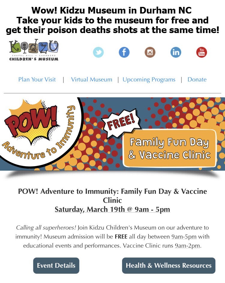 Get your poison death shots now! | image tagged in post natal abortions,kill your kids day,raleigh-durham,north carolina,plandemic,vaccinations | made w/ Imgflip meme maker