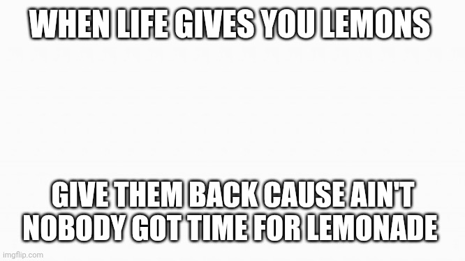 white box | WHEN LIFE GIVES YOU LEMONS; GIVE THEM BACK CAUSE AIN'T NOBODY GOT TIME FOR LEMONADE | image tagged in white box | made w/ Imgflip meme maker