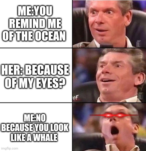 Vince McMahon | ME:YOU REMIND ME OF THE OCEAN; HER: BECAUSE OF MY EYES? ME:NO BECAUSE YOU LOOK LIKE A WHALE | image tagged in vince mcmahon | made w/ Imgflip meme maker