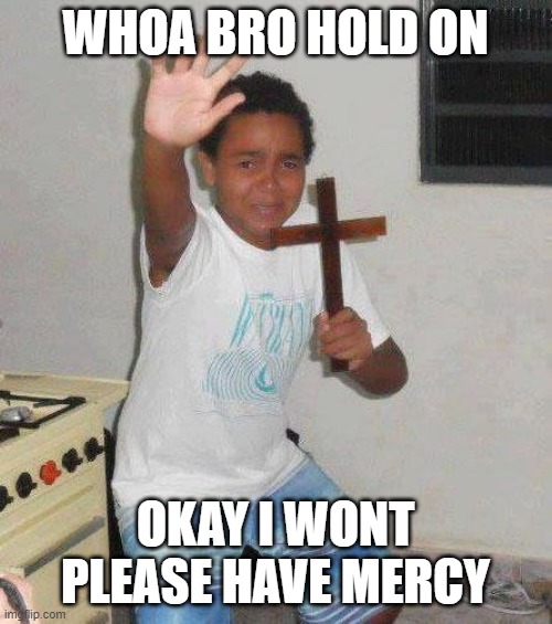 kid with cross | WHOA BRO HOLD ON OKAY I WONT PLEASE HAVE MERCY | image tagged in kid with cross | made w/ Imgflip meme maker