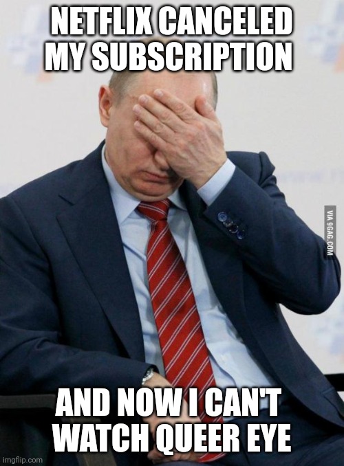 Second world problems | NETFLIX CANCELED MY SUBSCRIPTION; AND NOW I CAN'T 
WATCH QUEER EYE | image tagged in putin facepalm | made w/ Imgflip meme maker