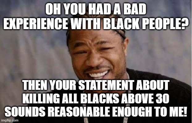 Just taking a look at how if the races were reversed here. | OH YOU HAD A BAD EXPERIENCE WITH BLACK PEOPLE? THEN YOUR STATEMENT ABOUT KILLING ALL BLACKS ABOVE 30 SOUNDS REASONABLE ENOUGH TO ME! | image tagged in memes,yo dawg heard you | made w/ Imgflip meme maker