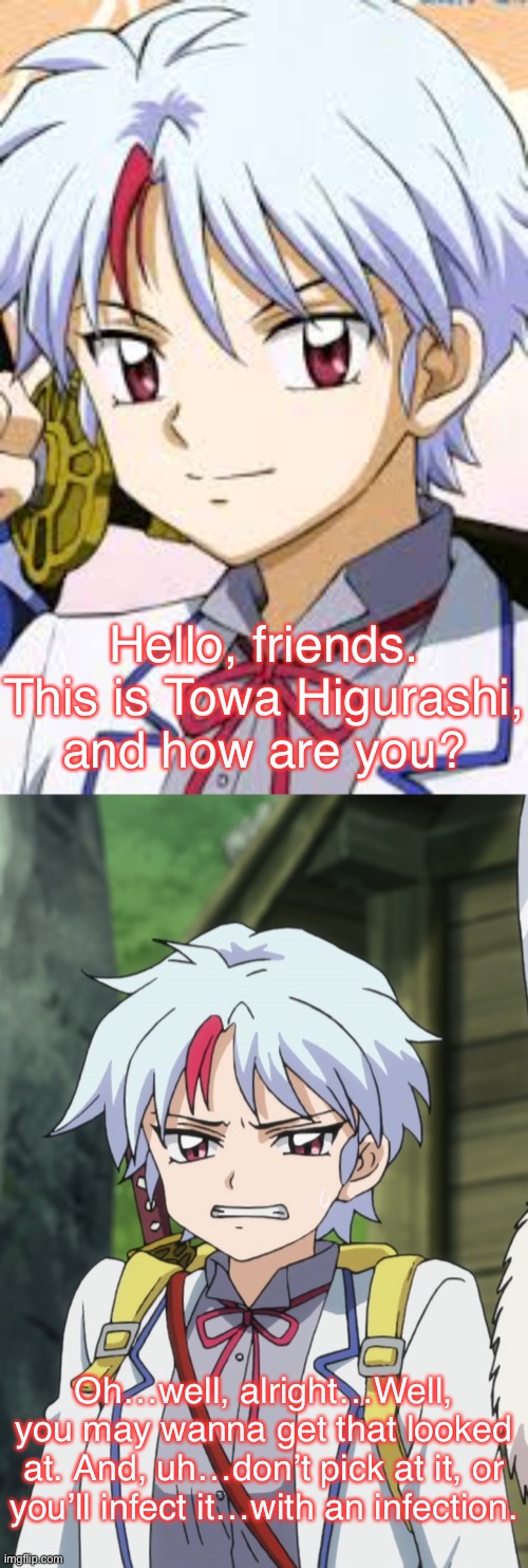 Towa Greets You | Hello, friends. This is Towa Higurashi, and how are you? Oh…well, alright…Well, you may wanna get that looked at. And, uh…don’t pick at it, or you’ll infect it…with an infection. | image tagged in inuyasha,yashahime,venture bros,reference,parody,pov | made w/ Imgflip meme maker