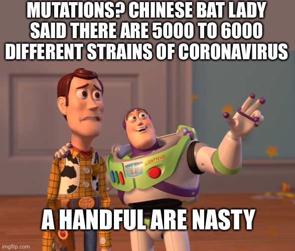 X, X Everywhere Meme | MUTATIONS? CHINESE BAT LADY SAID THERE ARE 5000 TO 6000 DIFFERENT STRAINS OF CORONAVIRUS A HANDFUL ARE NASTY | image tagged in memes,x x everywhere | made w/ Imgflip meme maker