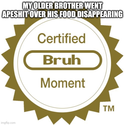 Certified bruh moment | MY OLDER BROTHER WENT APESHIT OVER HIS FOOD DISAPPEARING | image tagged in certified bruh moment | made w/ Imgflip meme maker