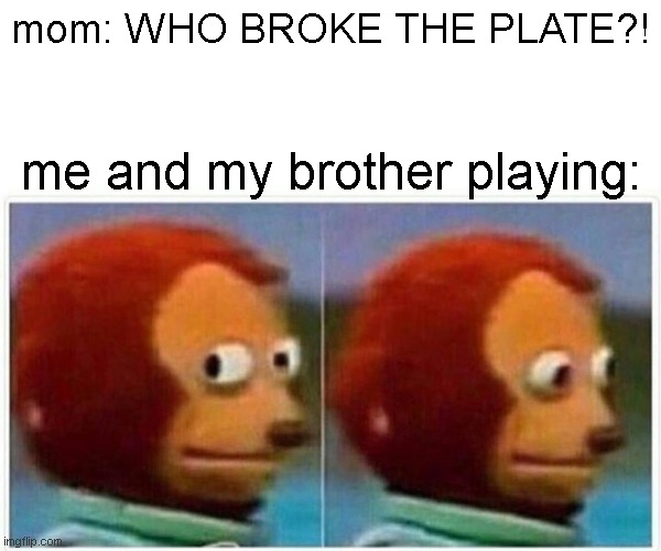 I don't have siblings but heres a lesson: never break something with your sibling | mom: WHO BROKE THE PLATE?! me and my brother playing: | image tagged in memes,monkey puppet | made w/ Imgflip meme maker