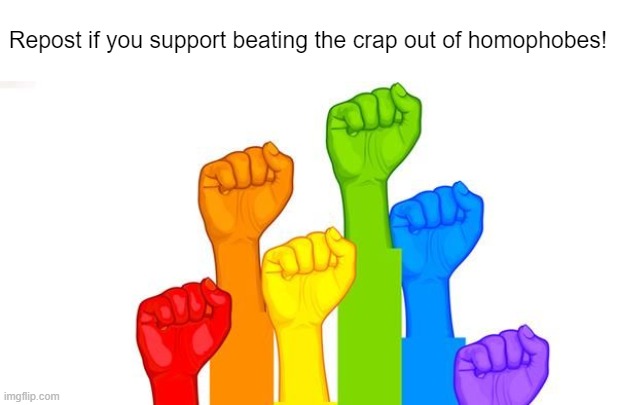 Do it. | Repost if you support beating the crap out of homophobes! | image tagged in lgbt,homophobes suck,repost if you support beating the crap out of homophobes,rainbow | made w/ Imgflip meme maker