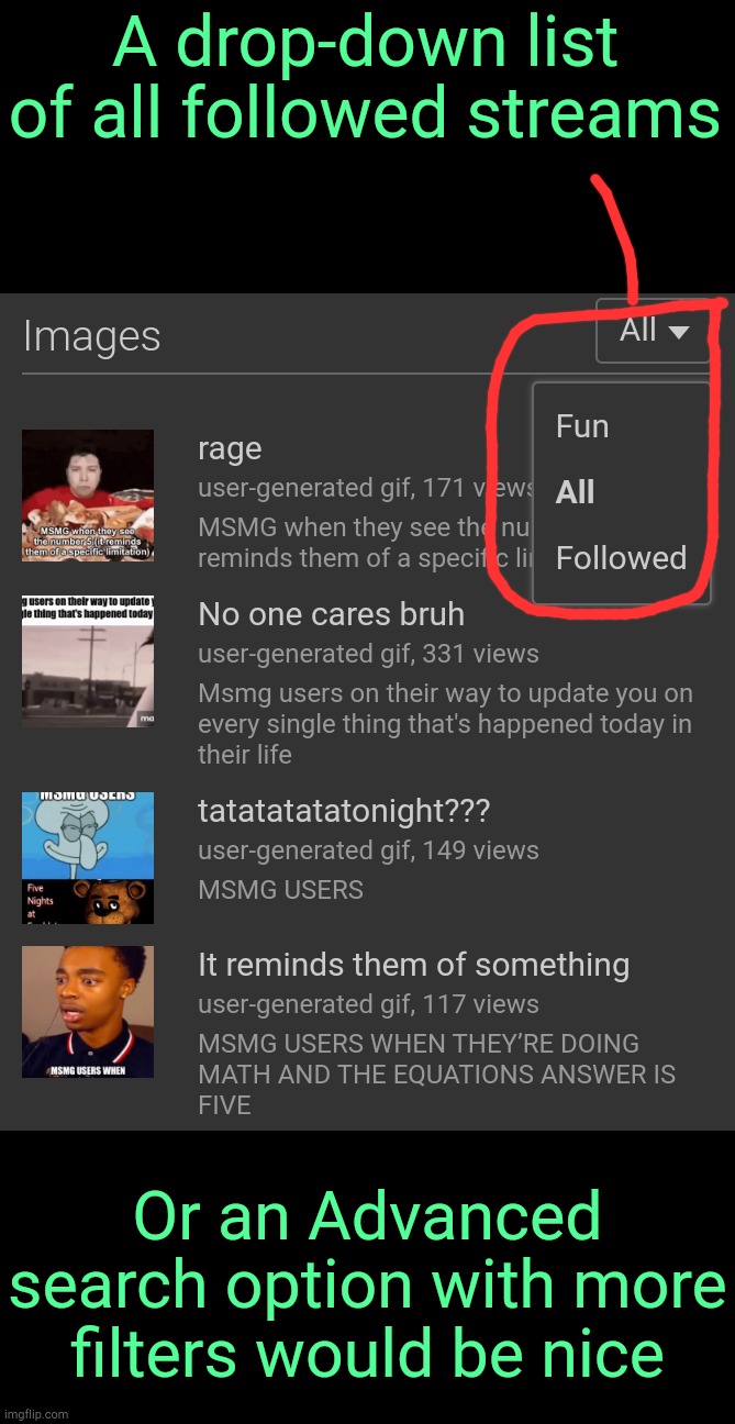 Would be nice. | A drop-down list of all followed streams; Or an Advanced search option with more filters would be nice | image tagged in imgflip | made w/ Imgflip meme maker