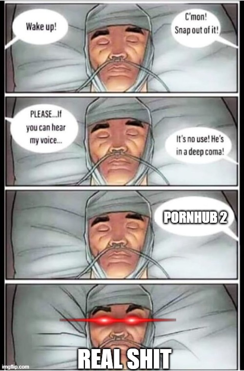 PORNHUB 2 LEZGOOOOOOOOOOOOOOOO | PORNHUB 2; REAL SHIT | image tagged in coma,pornhub | made w/ Imgflip meme maker