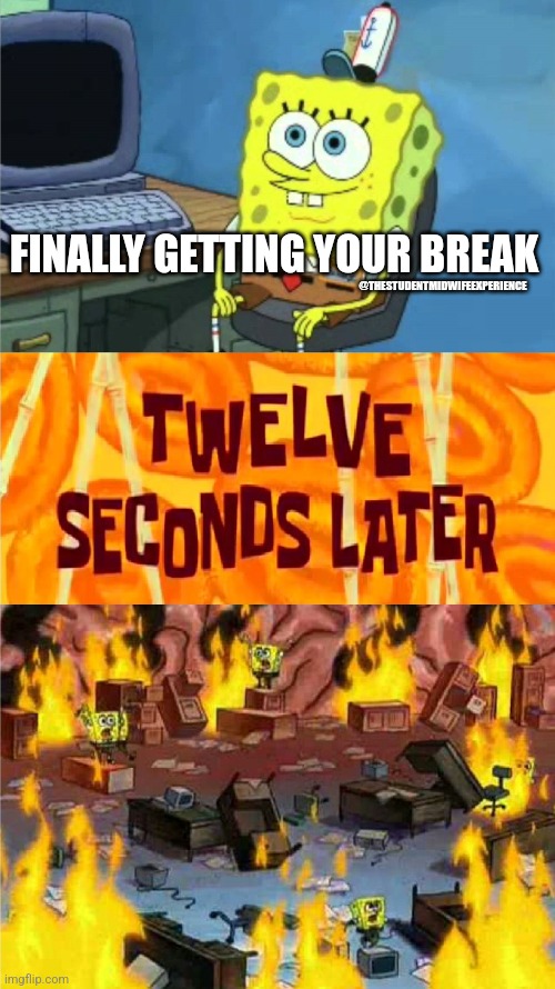 spongebob office rage | FINALLY GETTING YOUR BREAK; @THESTUDENTMIDWIFEEXPERIENCE | image tagged in spongebob office rage | made w/ Imgflip meme maker