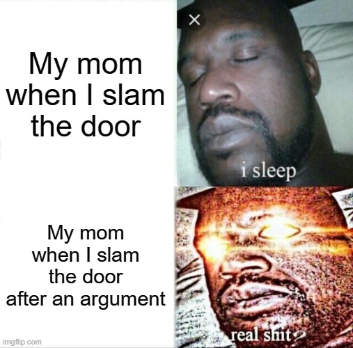 Sleeping Shaq | My mom when I slam the door; My mom when I slam the door after an argument | image tagged in memes,sleeping shaq | made w/ Imgflip meme maker