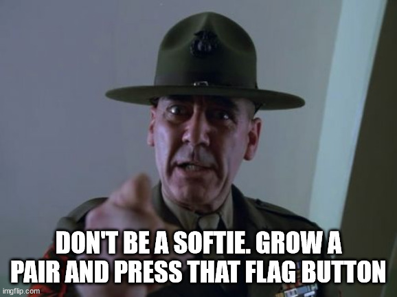Sergeant Hartmann Meme | DON'T BE A SOFTIE. GROW A PAIR AND PRESS THAT FLAG BUTTON | image tagged in memes,sergeant hartmann | made w/ Imgflip meme maker