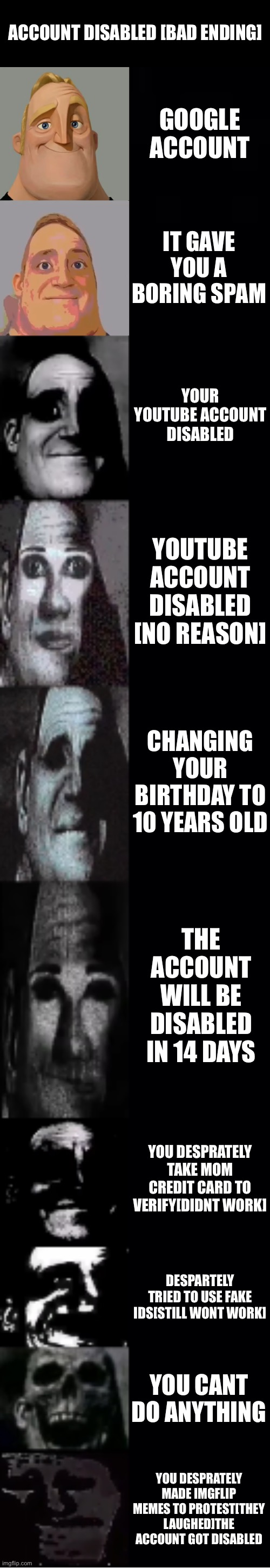 Bad Ending Account Disabled | ACCOUNT DISABLED [BAD ENDING]; GOOGLE ACCOUNT; IT GAVE YOU A BORING SPAM; YOUR YOUTUBE ACCOUNT DISABLED; YOUTUBE ACCOUNT DISABLED [NO REASON]; CHANGING YOUR BIRTHDAY TO 10 YEARS OLD; THE ACCOUNT WILL BE DISABLED IN 14 DAYS; YOU DESPRATELY TAKE MOM CREDIT CARD TO VERIFY[DIDNT WORK]; DESPARTELY TRIED TO USE FAKE IDS[STILL WONT WORK]; YOU CANT DO ANYTHING; YOU DESPRATELY MADE IMGFLIP MEMES TO PROTEST[THEY LAUGHED]THE ACCOUNT GOT DISABLED | image tagged in mr incredible becoming uncanny | made w/ Imgflip meme maker