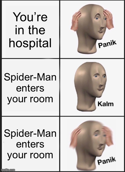 Oh no | You’re in the hospital; Spider-Man enters your room; Spider-Man enters your room | image tagged in memes,panik kalm panik | made w/ Imgflip meme maker