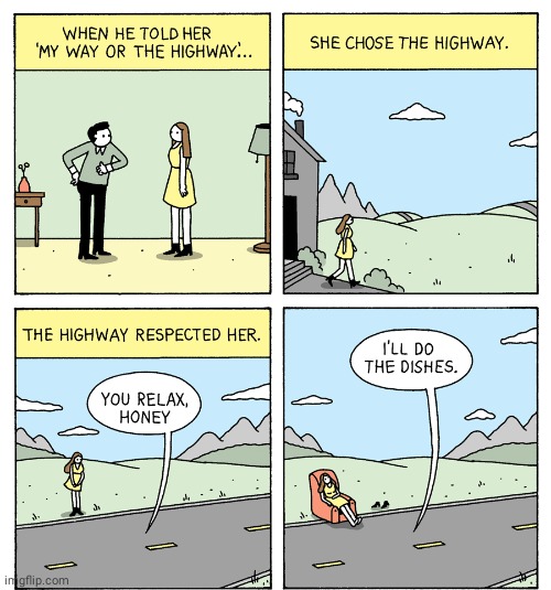 The Highway | image tagged in comics/cartoons,comics,comic,highway,dishes,outside | made w/ Imgflip meme maker