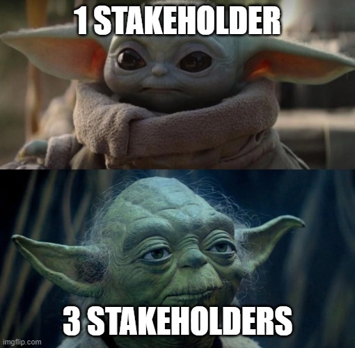 Baby Yoda | 1 STAKEHOLDER; 3 STAKEHOLDERS | image tagged in baby yoda | made w/ Imgflip meme maker