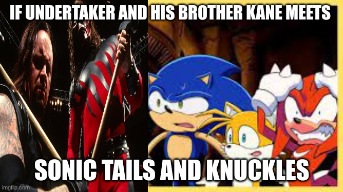 Undertaker and kane meets sonic tails and knuckles | IF UNDERTAKER AND HIS BROTHER KANE MEETS; SONIC TAILS AND KNUCKLES | image tagged in knuckles,wwe,sonic the hedgehog,tails the fox,the undertaker,memes | made w/ Imgflip meme maker