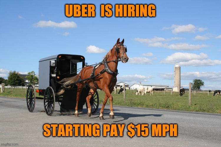 Amish buggy | UBER  IS HIRING; STARTING PAY $15 MPH | image tagged in amish buggy | made w/ Imgflip meme maker