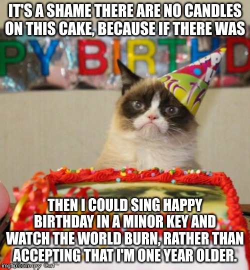 4 days until the cards and cake. |  IT'S A SHAME THERE ARE NO CANDLES ON THIS CAKE, BECAUSE IF THERE WAS; THEN I COULD SING HAPPY BIRTHDAY IN A MINOR KEY AND WATCH THE WORLD BURN, RATHER THAN ACCEPTING THAT I'M ONE YEAR OLDER. | image tagged in memes,grumpy cat birthday,grumpy cat | made w/ Imgflip meme maker