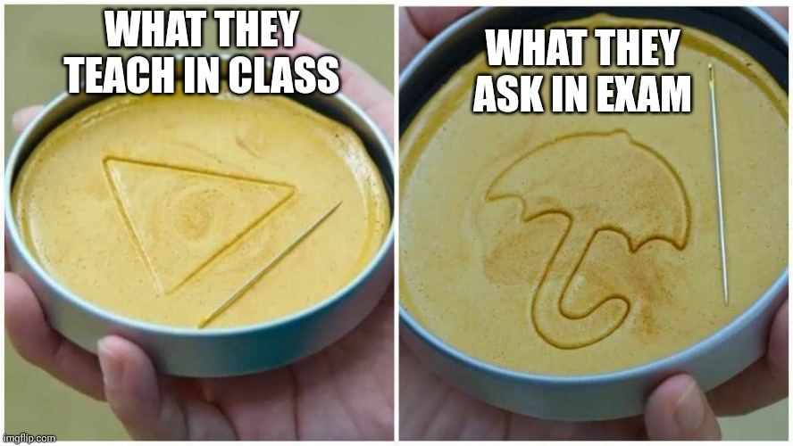 Exam hai | WHAT THEY ASK IN EXAM; WHAT THEY TEACH IN CLASS | image tagged in squid game biscuit,school meme,high school,college | made w/ Imgflip meme maker