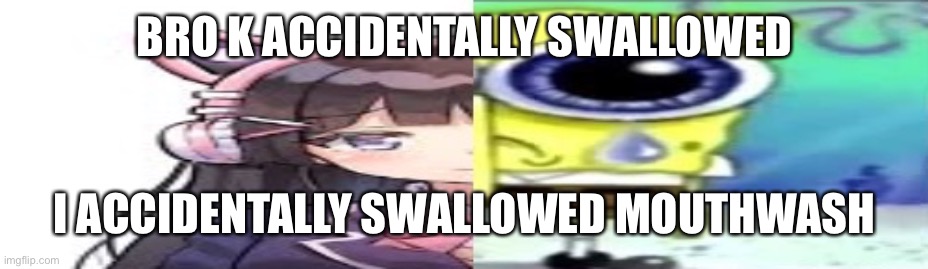 lol | BRO K ACCIDENTALLY SWALLOWED; I ACCIDENTALLY SWALLOWED MOUTHWASH | image tagged in lol | made w/ Imgflip meme maker