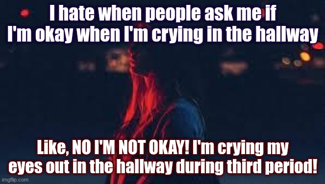 Its so annoying | I hate when people ask me if I'm okay when I'm crying in the hallway; Like, NO I'M NOT OKAY! I'm crying my eyes out in the hallway during third period! | image tagged in i just say no and,ignore them if they,try to say something | made w/ Imgflip meme maker