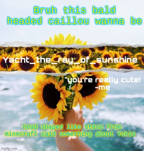 HMP | Bruh this bald headed caillou wanna be; head shaped like steve from minecraft said something about Yukie | image tagged in yacht's sunflower temp thank you suga | made w/ Imgflip meme maker