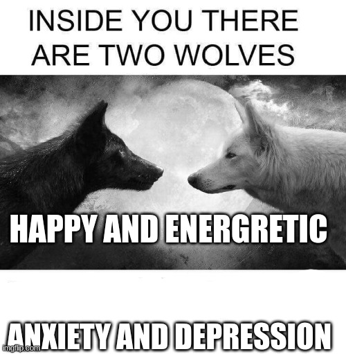 help get this old meme to 69 up votes | HAPPY AND ENERGETIC; ANXIETY AND DEPRESSION | image tagged in inside you there are two wolves | made w/ Imgflip meme maker