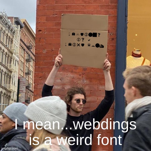 webdings is a weird font; I mean...webdings is a weird font | image tagged in memes,guy holding cardboard sign | made w/ Imgflip meme maker