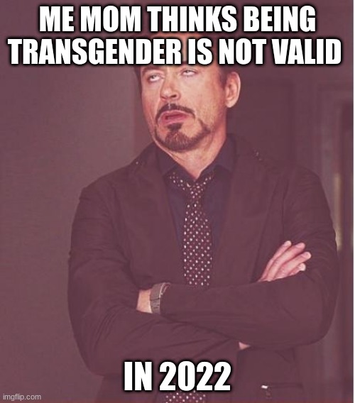 Face You Make Robert Downey Jr | ME MOM THINKS BEING TRANSGENDER IS NOT VALID; IN 2022 | image tagged in memes,face you make robert downey jr | made w/ Imgflip meme maker