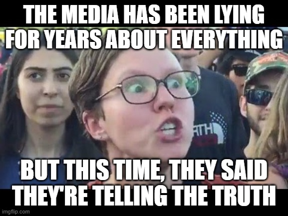 Angry sjw | THE MEDIA HAS BEEN LYING FOR YEARS ABOUT EVERYTHING; BUT THIS TIME, THEY SAID THEY'RE TELLING THE TRUTH | image tagged in angry sjw | made w/ Imgflip meme maker