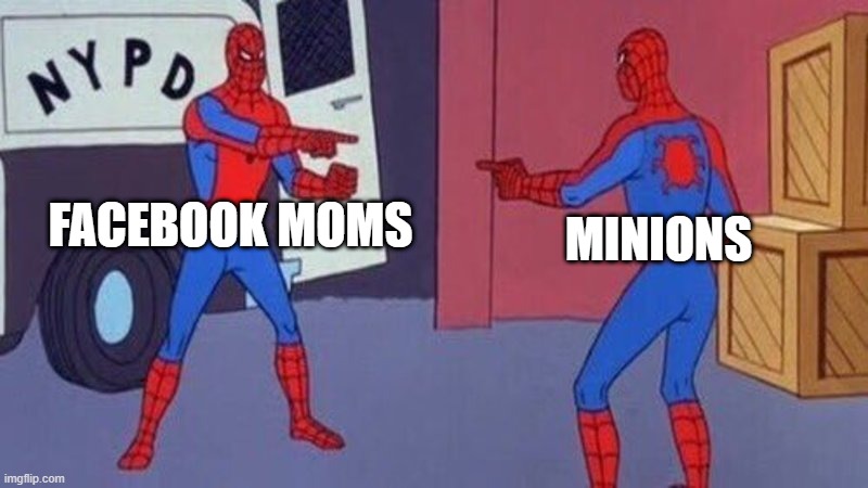 spiderman pointing at spiderman | FACEBOOK MOMS; MINIONS | image tagged in spiderman pointing at spiderman | made w/ Imgflip meme maker