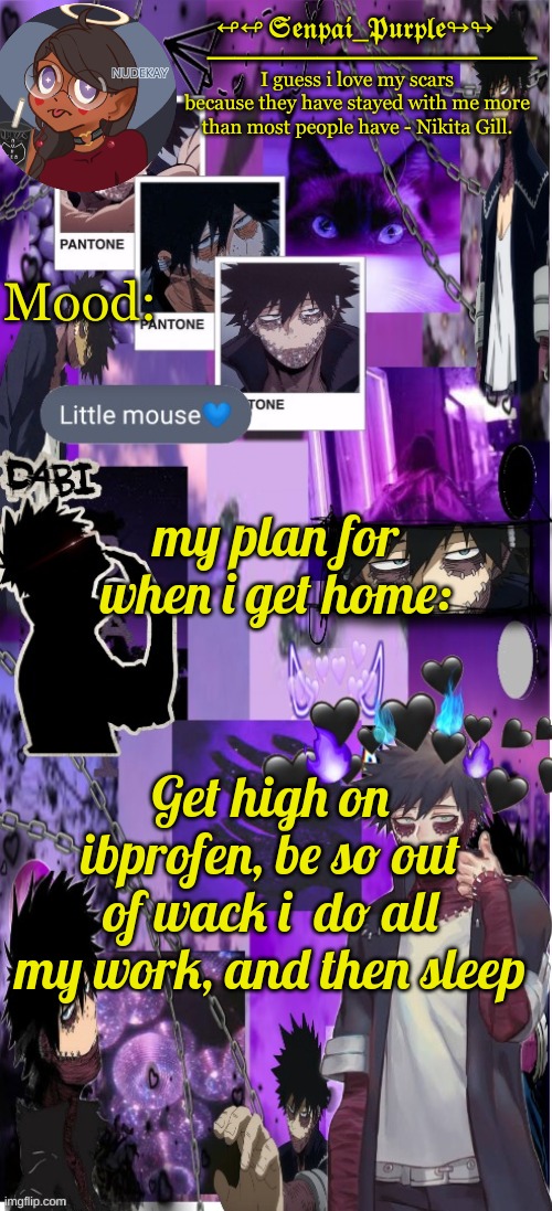 Dabi Temp :D | my plan for when i get home:; Get high on ibprofen, be so out of wack i  do all my work, and then sleep | image tagged in dabi temp d | made w/ Imgflip meme maker