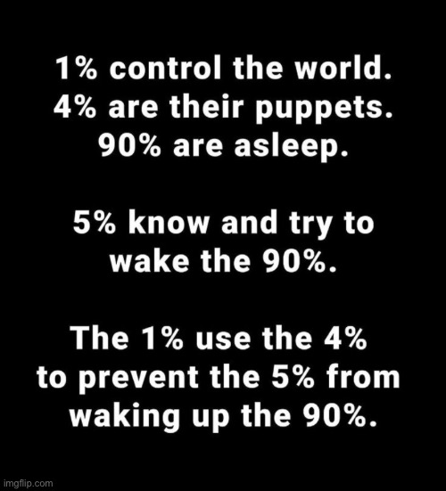 1% control the world. 4% are their puppets. 90% are asleep… . 5% know and try to wake the 90%… | image tagged in political meme,npc,nwo police state | made w/ Imgflip meme maker