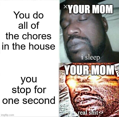 Sleeping Shaq | You do all of the chores in the house; YOUR MOM; YOUR MOM; you stop for one second | image tagged in memes,sleeping shaq | made w/ Imgflip meme maker