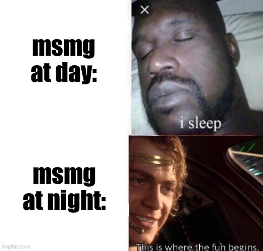 yes, ik time zones exists | msmg at day:; msmg at night: | image tagged in i sleep real shit | made w/ Imgflip meme maker