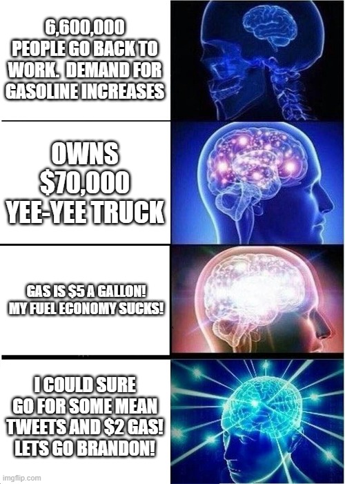 Moron logic | 6,600,000 PEOPLE GO BACK TO WORK.  DEMAND FOR GASOLINE INCREASES; OWNS $70,000 YEE-YEE TRUCK; GAS IS $5 A GALLON!

 MY FUEL ECONOMY SUCKS! I COULD SURE GO FOR SOME MEAN TWEETS AND $2 GAS!
 LETS GO BRANDON! | image tagged in memes,expanding brain | made w/ Imgflip meme maker