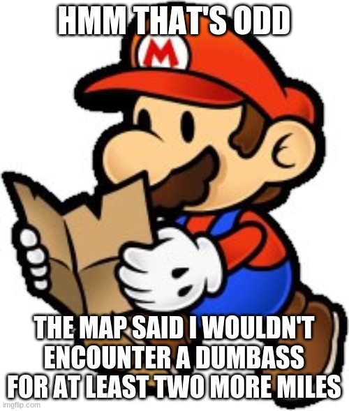 Paper Mario | HMM THAT'S ODD THE MAP SAID I WOULDN'T ENCOUNTER A DUMBASS FOR AT LEAST TWO MORE MILES | image tagged in paper mario | made w/ Imgflip meme maker
