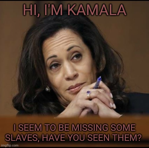 I love having slaves and I demand them back. My family is steeped in slavery and trafficking. I can't whip my hubby all the time | HI, I'M KAMALA; I SEEM TO BE MISSING SOME SLAVES, HAVE YOU SEEN THEM? | image tagged in kamala harris | made w/ Imgflip meme maker