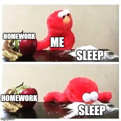 home work or sleep | HOMEWORK; ME; SLEEP; HOMEWORK; SLEEP | image tagged in elmo cocaine | made w/ Imgflip meme maker